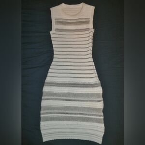 Alaia White and Gray Mesh Striped Bodycon Midi Dress